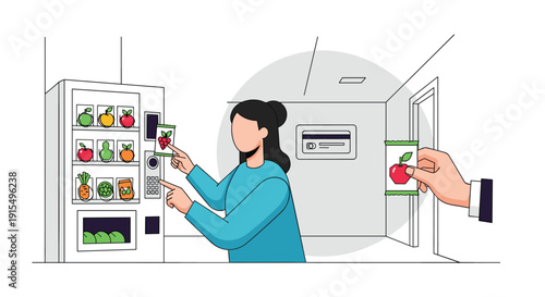 Woman selecting a healthy snack from a modern vending machine filled with fresh fruits and vegetables, illustrating convenient nutritious choices.