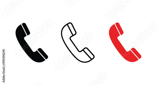 Three telephone receiver icons in black white and red colors isolated on a white background