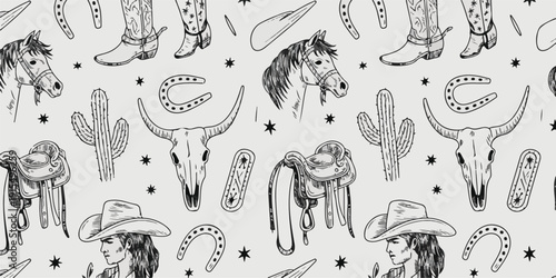 Western Cowboy Theme Doodle Pattern Horse Boots Skull Cactus wild west rodeo