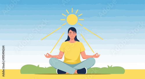 Serene Woman Meditating Under Bright Sunrays Outdoors