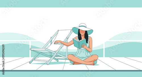 Serene Woman Enjoys Leisurely Reading Outdoors On A Deck Chair