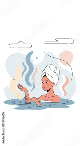 Serene Woman Enjoys Relaxing Spa Bath Surrounded By Abstract Steam Elements