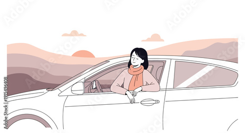 Serene Woman Enjoys Scenic Drive At Sunset