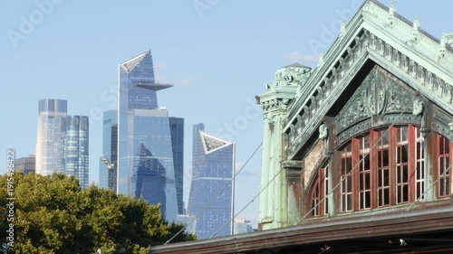New York City Manhattan Midtown Hudson Yards towers from New Jersey, old historic ferry boat terminal 1907, Hoboken, United States. American highrise skyscraper building and green cooper architecture.