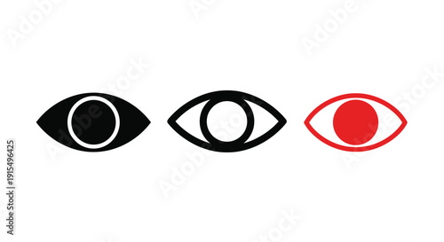 Three stylized eyes in black white and red arranged horizontally on a white background