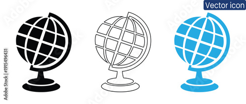 Modern set of globe icons in black, white, and blue, perfect for business, education, and travel themes