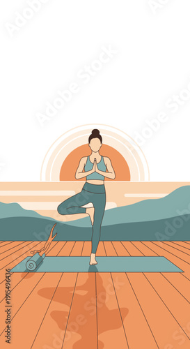 Serene Woman Practices Yoga Tree Pose Amidst Tranquil Sunrise Landscape