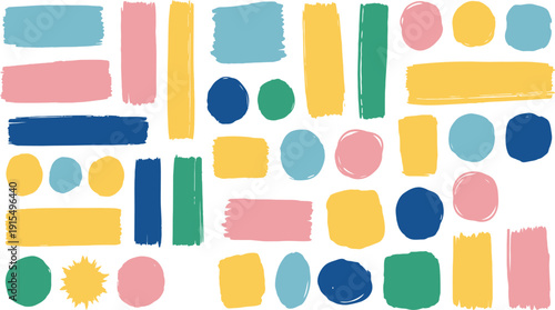 A colorful abstract art piece featuring various shapes and brushstrokes on a white background