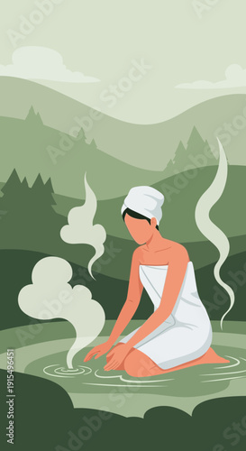 Serene Woman Enjoys Steamy Hot Spring Amidst Lush Green Landscape Relaxation