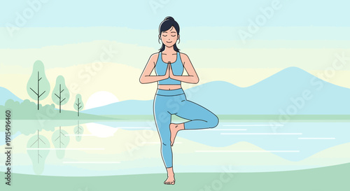 Serene Woman Practicing Tree Pose Yoga Beside Tranquil Lake Reflections