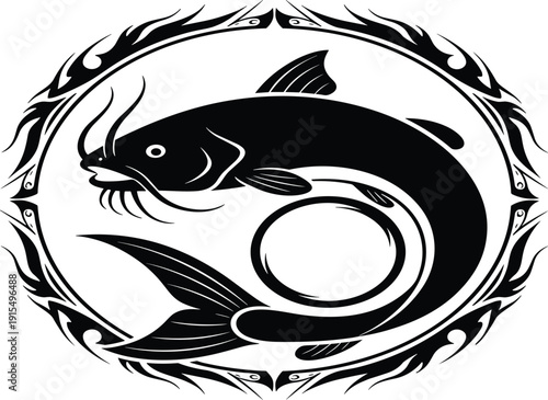Black and white of two fish in a circular frame with decorative