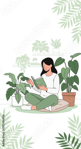 Serene Woman Reading Amidst Lush Green Indoor Plants Sanctuary