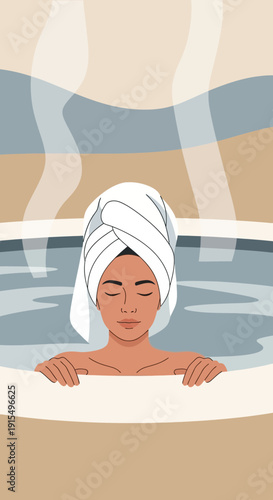 Serene Woman Enveloped In A Warm Bath Towel Wrapped Around Her Hair
