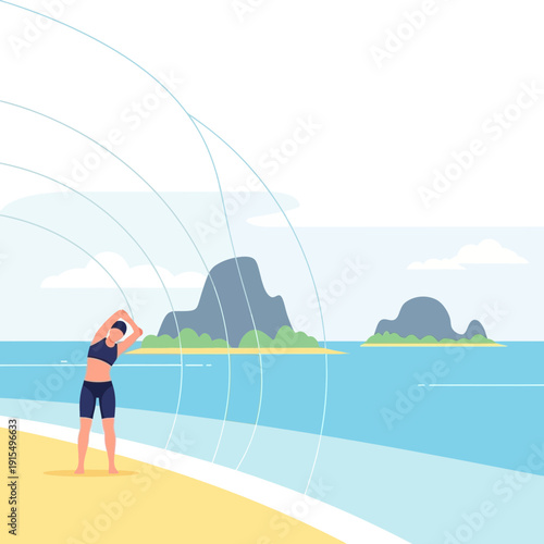 Serene Woman Exercises on Tropical Beach Embracing Nature's Calm