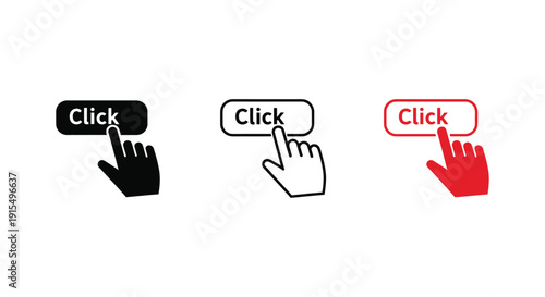 Three click icons with pointing fingers in black white and red color variations