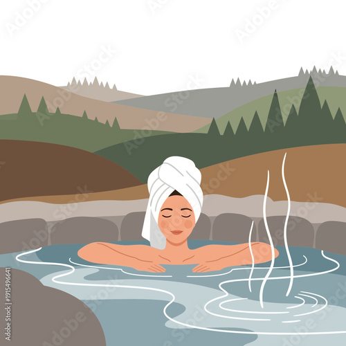 Serene Woman Relaxing In A Natural Hot Spring Surrounded By Mountains And Trees