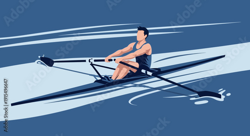 Single Scull Athlete Rowing Serene Blue Waters Focused Determination