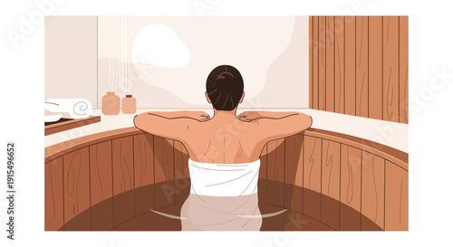 Serene Woman Relaxing In A Wooden Hot Tub Soak For Ultimate Tranquility