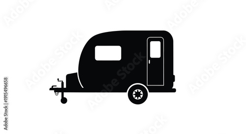 Black silhouette of a classic caravan or travel trailer with a single wheel and door