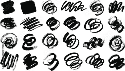 A collection of various black brush strokes and swirls on a white background