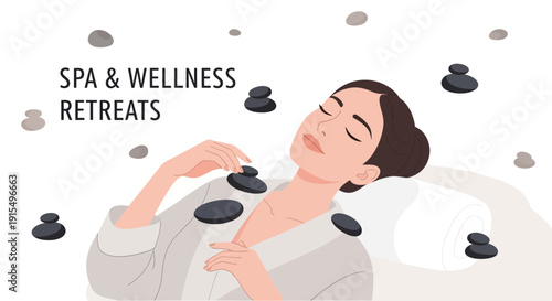 Serene Woman Experience Hot Stone Massage Spa Therapy Session