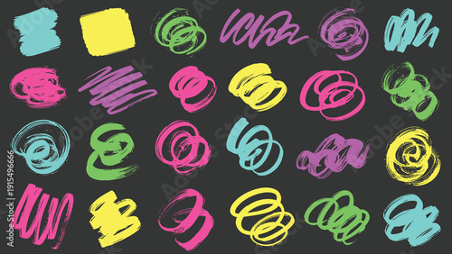 A colorful array of hand-drawn swirls and shapes on a dark background