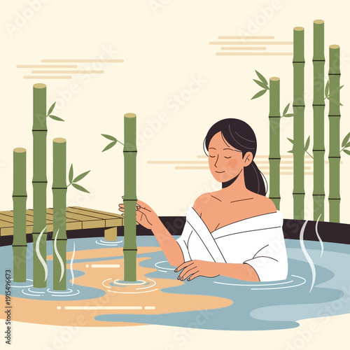 Serene Woman Relaxing In Bamboo Infused Hot Springs And Spa Retreat