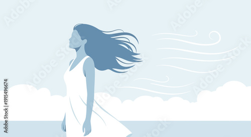 Serene Woman Facing Gusty Winds During A Breezy Day