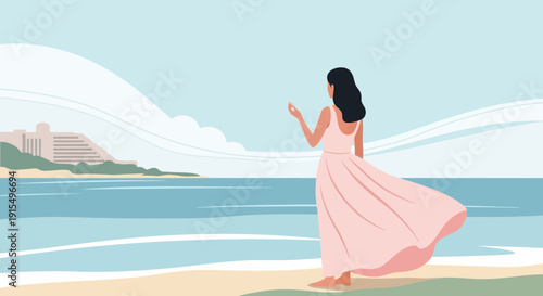 Serene Woman Gazes At Distant Resort Over Calm Ocean Waters