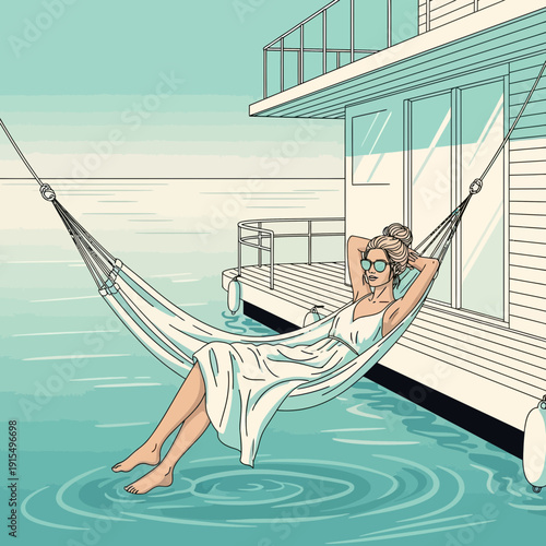Serene Woman Relaxing In Hammock By Modern Floating Home
