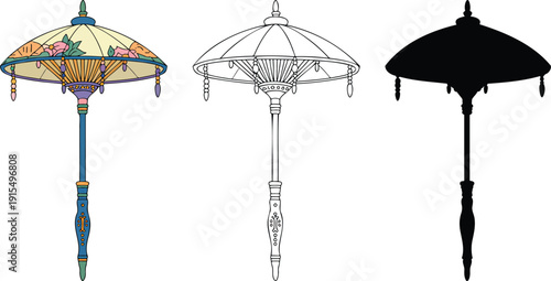 Vintage umbrella silhouette & Outline and illustration set isolated on transparent background
