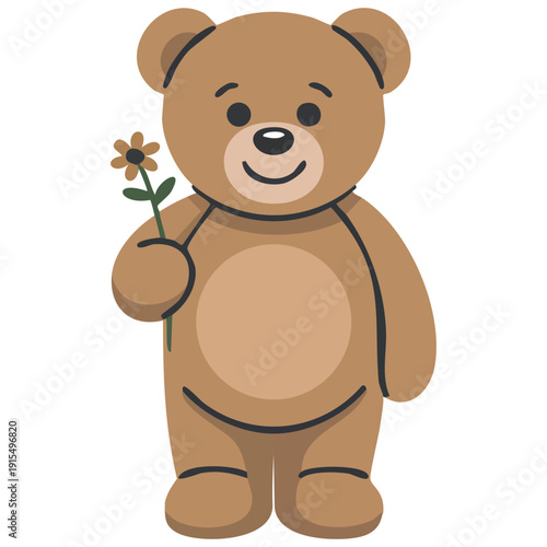 Teddy bear holding yellow flower in overalls for charming character vector illustration