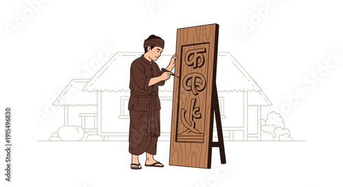 Skilled Artisan Crafting Intricate Wooden Carving With Traditional Attire