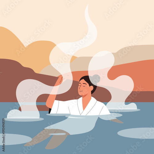 Serene Woman Immersed In Warm Water Enjoying Aromatic Steam At Sunset