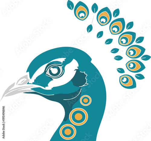 Blue and gold peacock with detailed feather pattern