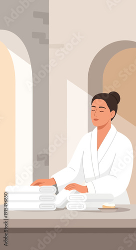 Serene Woman In Bathrobe Meditating Near Stacked Towels Spa And Wellness