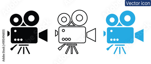 Set of modern camera icons in black and blue for media production