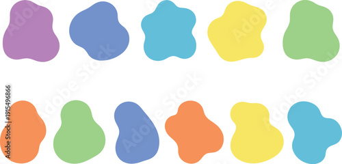 A colorful illustration of variously shaped blobs in different hues on a white background