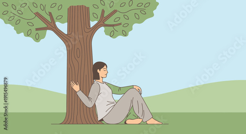 Serene Woman Resting Underneath Tree Branches Enjoying Nature