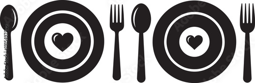 Table Setting with Plates, Spoons, Forks, and Heart Symbols, Romantic Dinner or Delicious Meal Concept