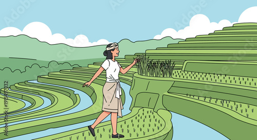 Serene Woman Walks Through Lush Green Rice Terraces