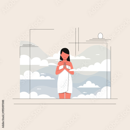 Serene Woman Wrapped In Towel Finds Inner Peace Amidst Cloudy Skies