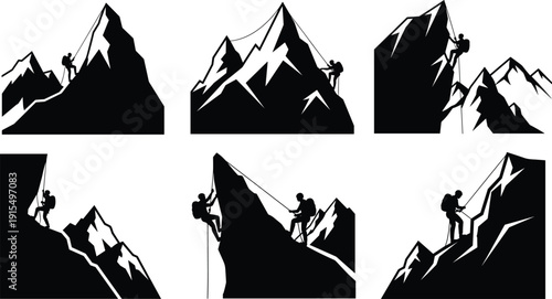 Mountain Climbing Silhouette Collection Featuring Rock Climbers Hiking and Adventure Peaks Vector Illustration Set