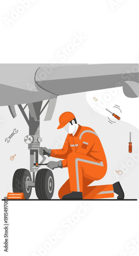 Skilled Mechanic Performing Aviation Ground Maintenance On Aircraft Landing Gear