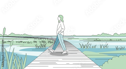 Solitary Journey Along a Serene Boardwalk Amidst Reedy Waters