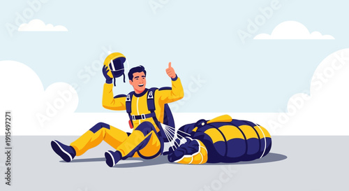 Skydiver Celebrating Successful Landing with Thumbs Up And Parachute