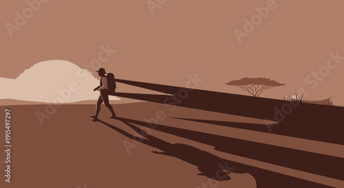 Silhouette Explorer Trekking Through Expansive Savannah Landscape