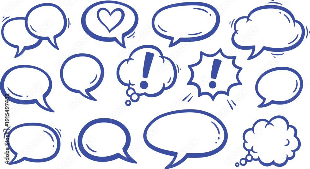 Obraz premium A collection of blue cartoon speech bubbles on a white background for communication and dialogue
