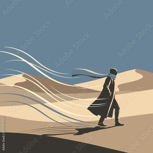 Solitary Wanderer Traversing Windswept Sand Dunes Under Vast Sky
