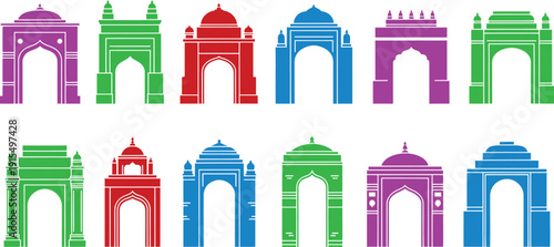 A vibrant illustration of various Indian arches in different colors and designs on a white background